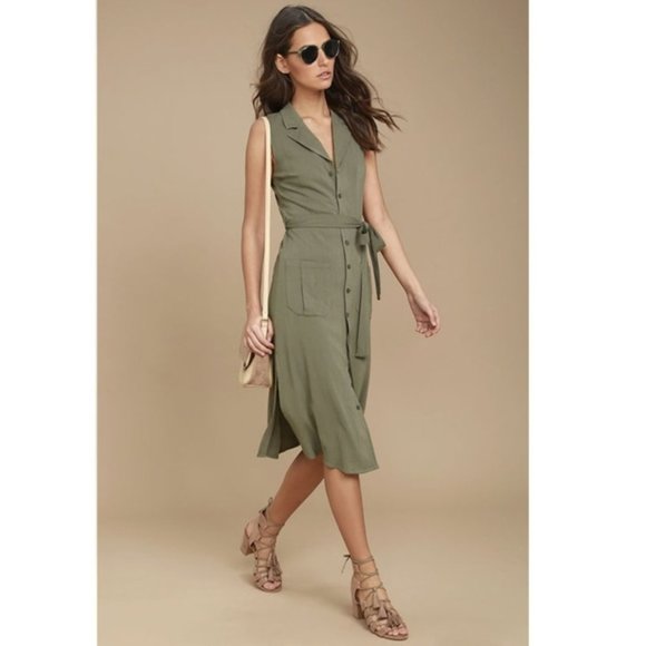 Lulus Dresses & Skirts - Lulu's Rock Steady Olive Green Washed Shirt Dress